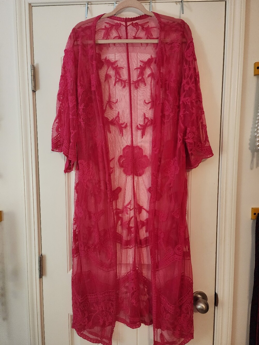 Sheer Embroidered Lace Kimono Queen Size Hot Pink Barbiecore Swim Coverup